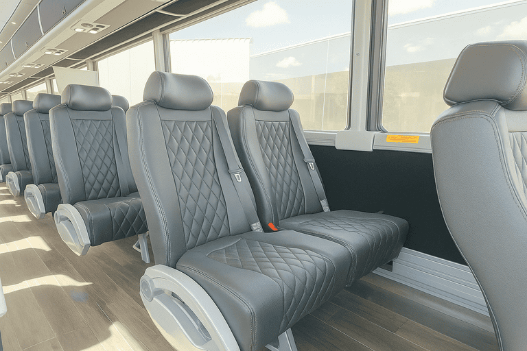 interior of Flint Minibus Company charter bus
